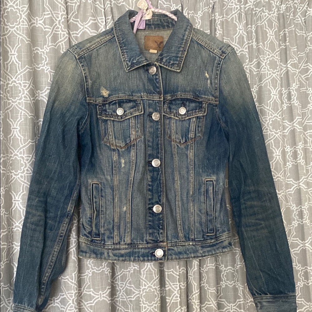 AE Blue Trucker Jean Jacket with Vintage Distressing